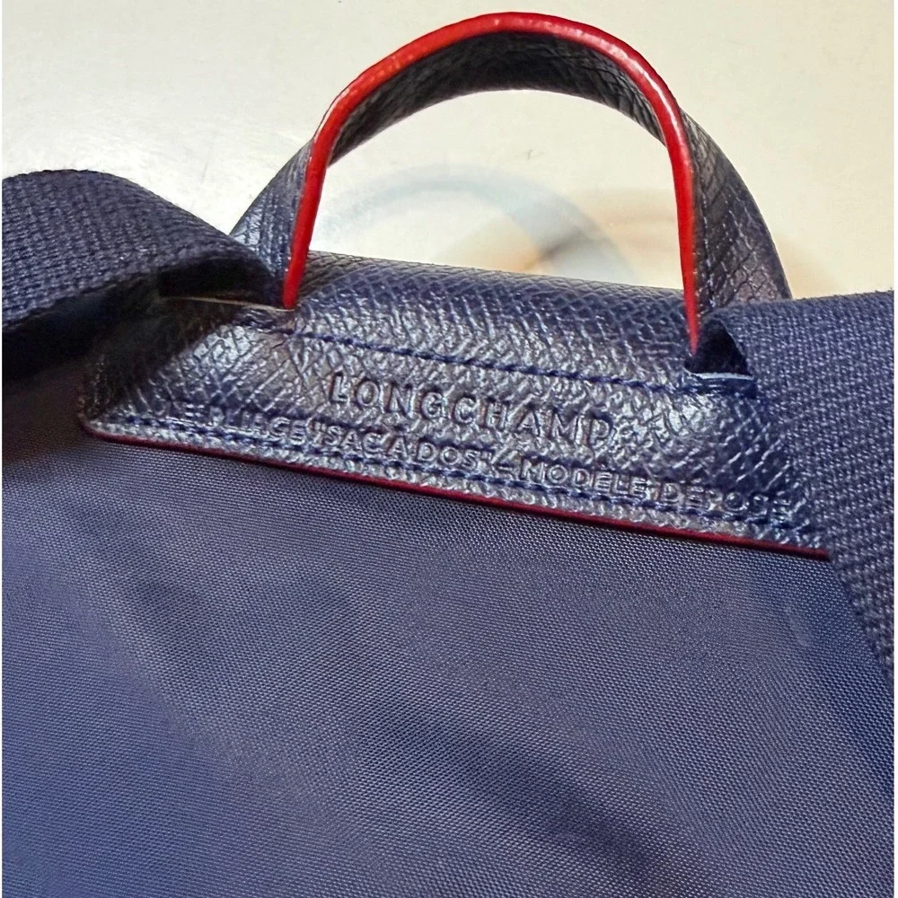 Longchamp Le Pliage Club Backpack Navy Blue Red Nylon Leather Trim